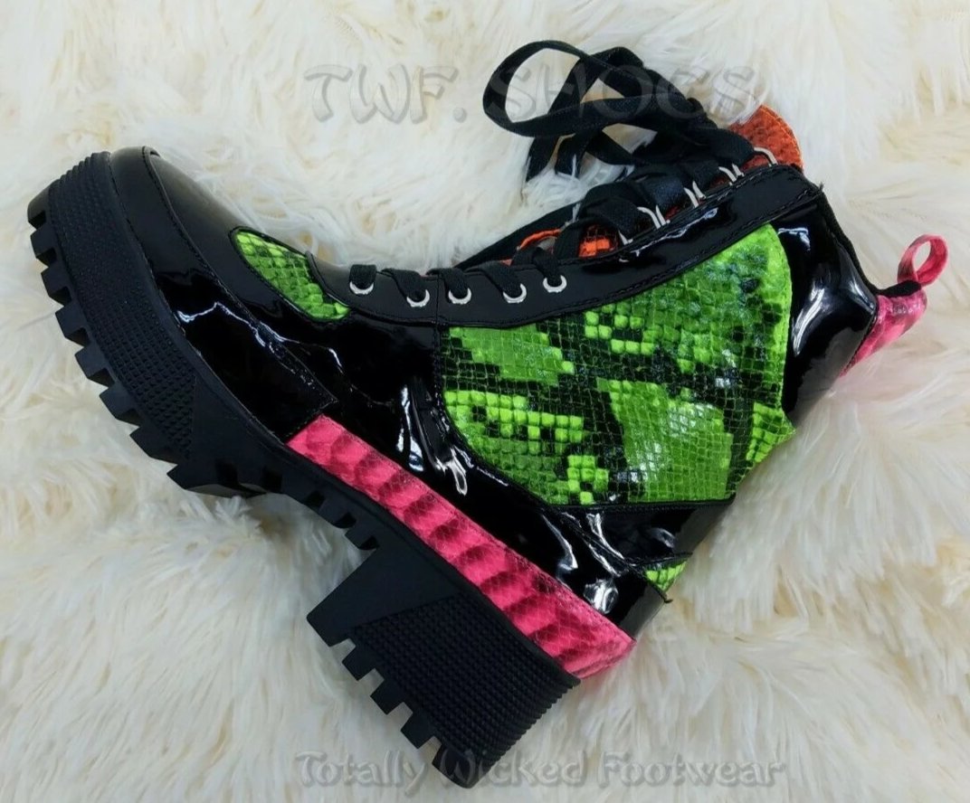 CR Queen Pins Black Neon Snake Lace Up Platform Sneaker Combat Ankle Boots 6-11