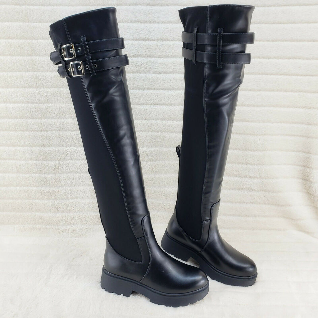 Techno Baby Black Leatherette Spandex Stretch Panel Lug Sole Thigh High ...