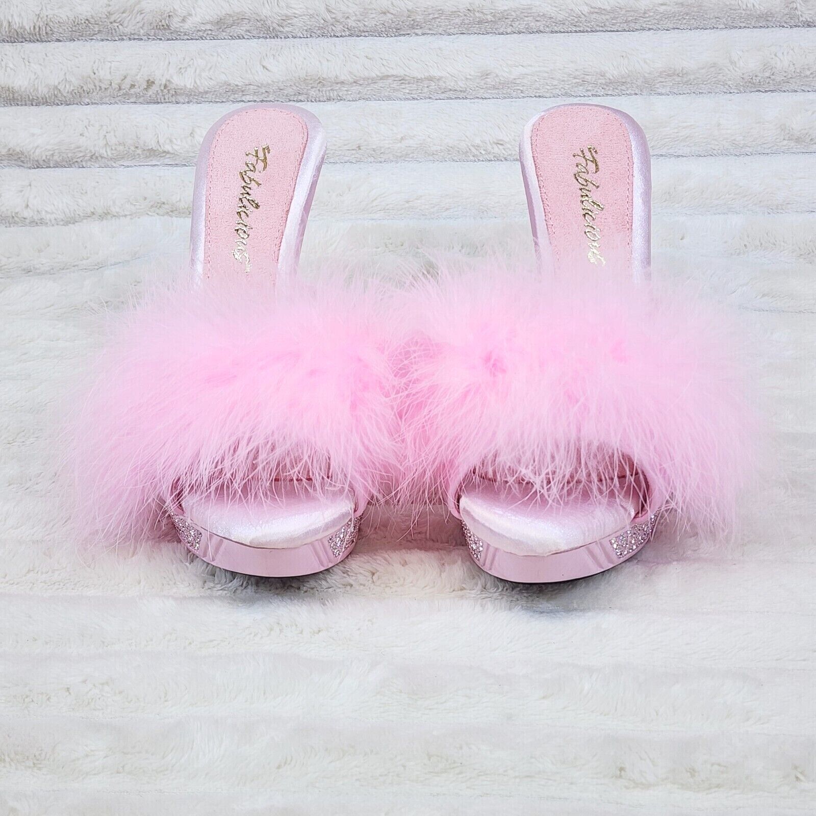 Elegance Marabou Feather Slip On Platform Sandals 5" Stiletto Heel Shoes Pink