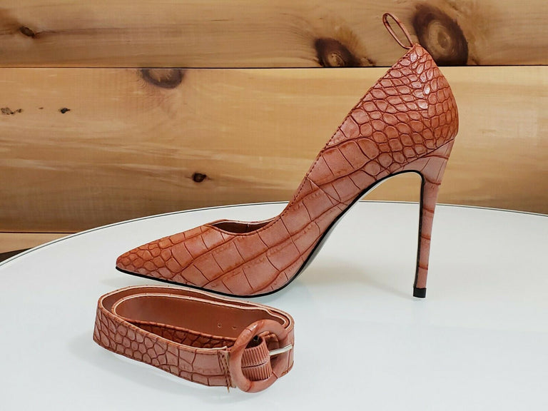 CR Armor Snake Textured Pumps Ankle Strap High Heel Shoes Rusty Brown ...