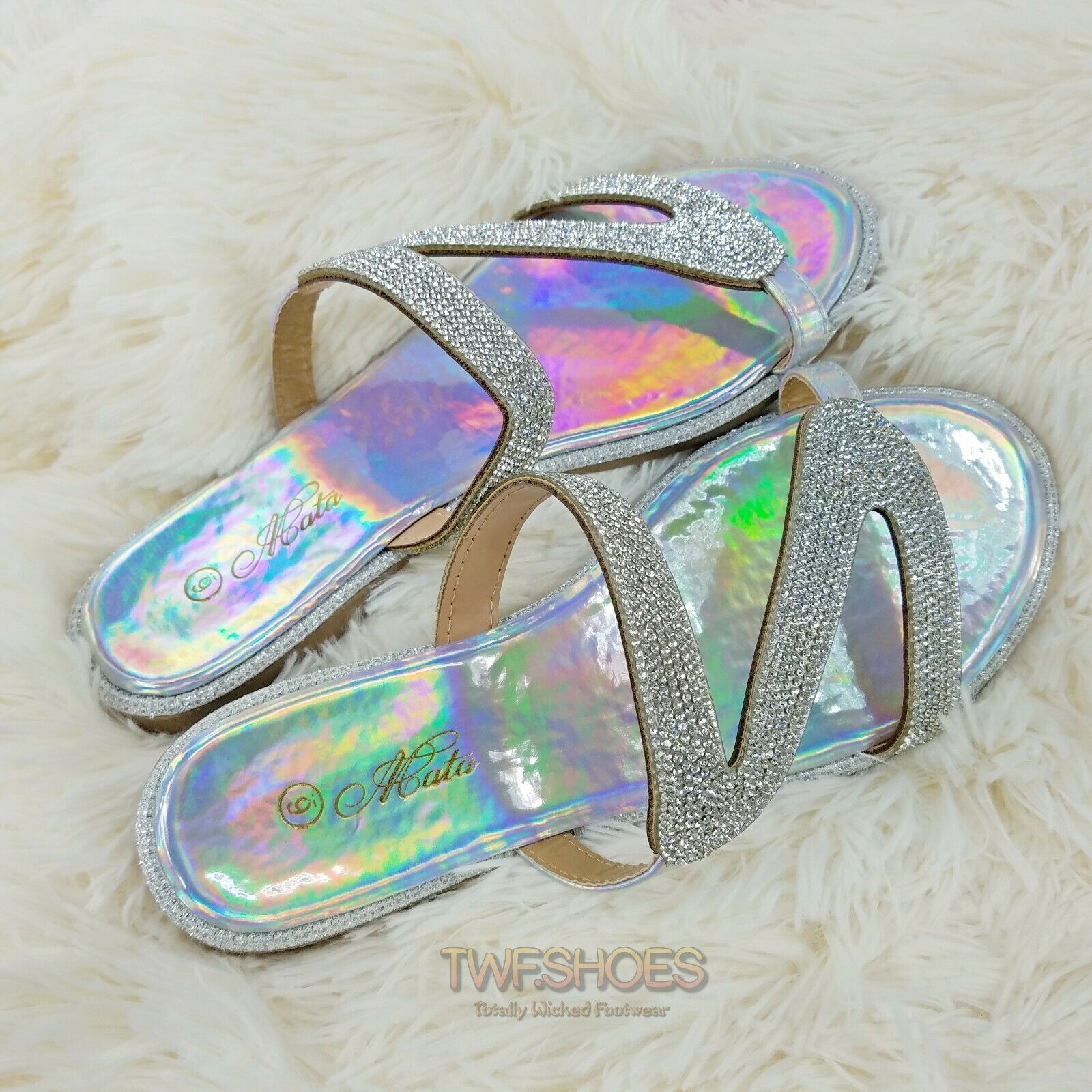 Alexi 2 Slip On Flats Summer Fashion Sandals 6-10 Silver Holo W/ Rhinestones