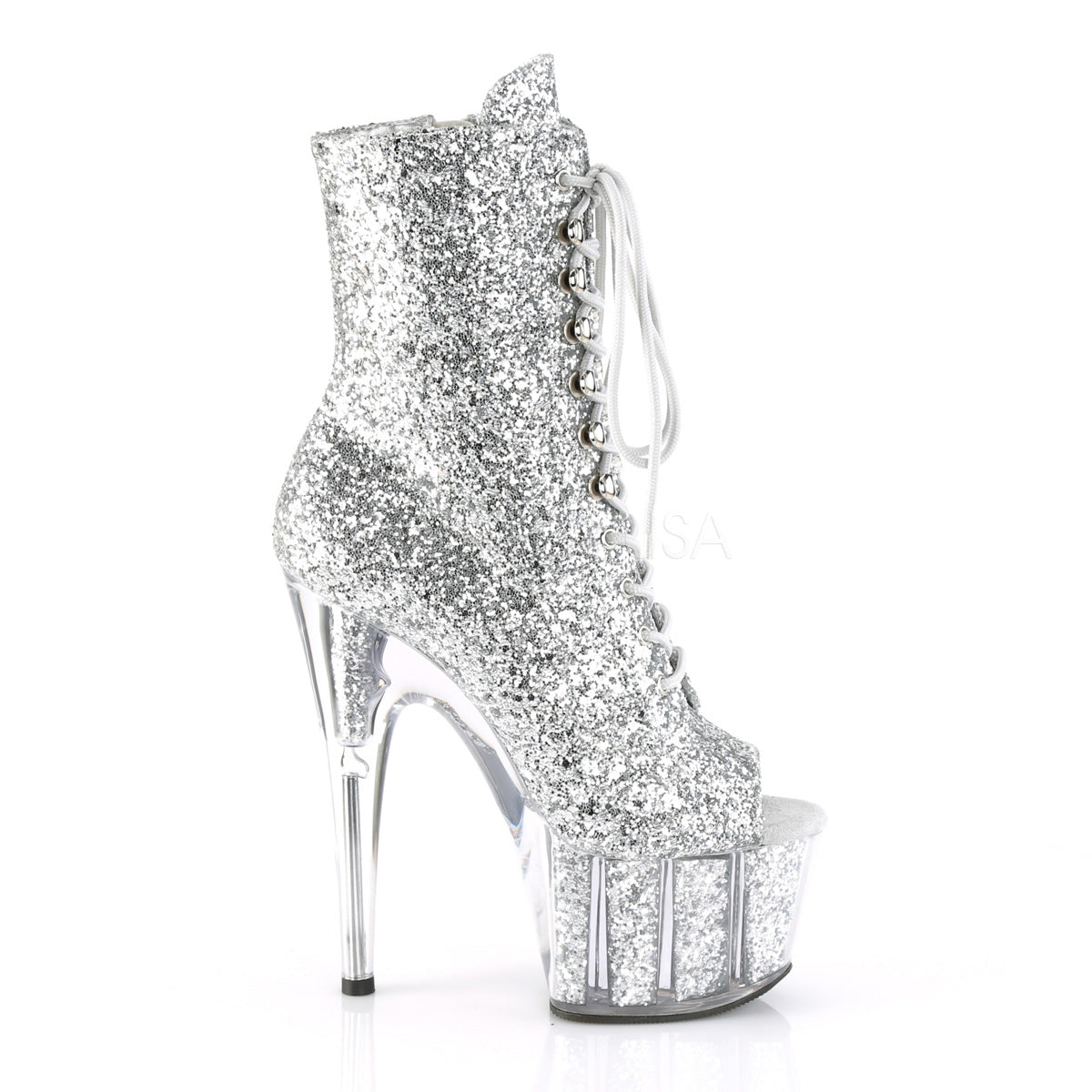 silver high heels lace up