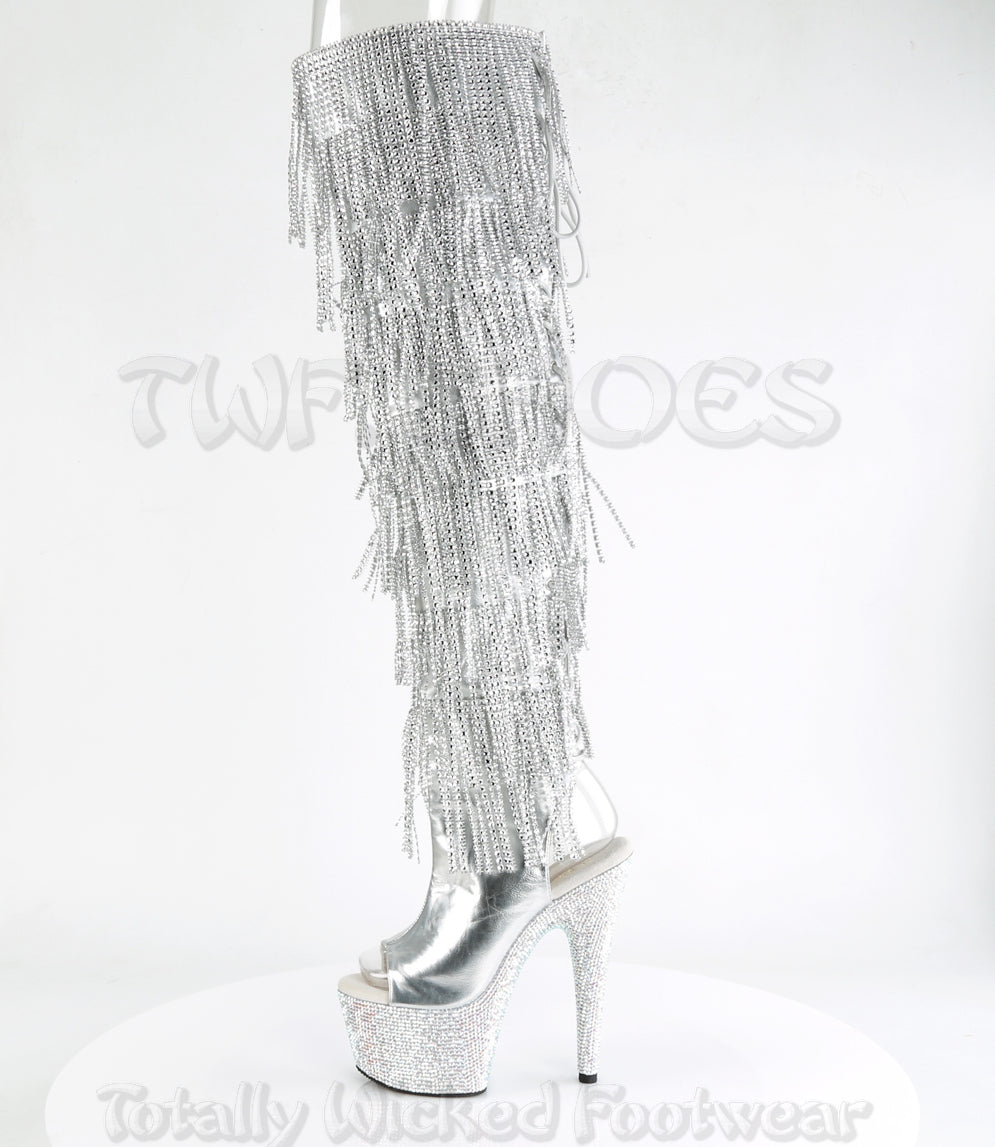 chrome thigh high boots