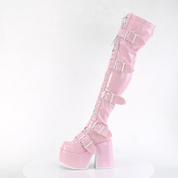 Camel 305 Stretch Hologram Pink Lace Up Goth Platform Thigh High Boots ...