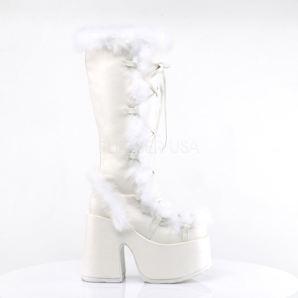 white fluffy lace up heels