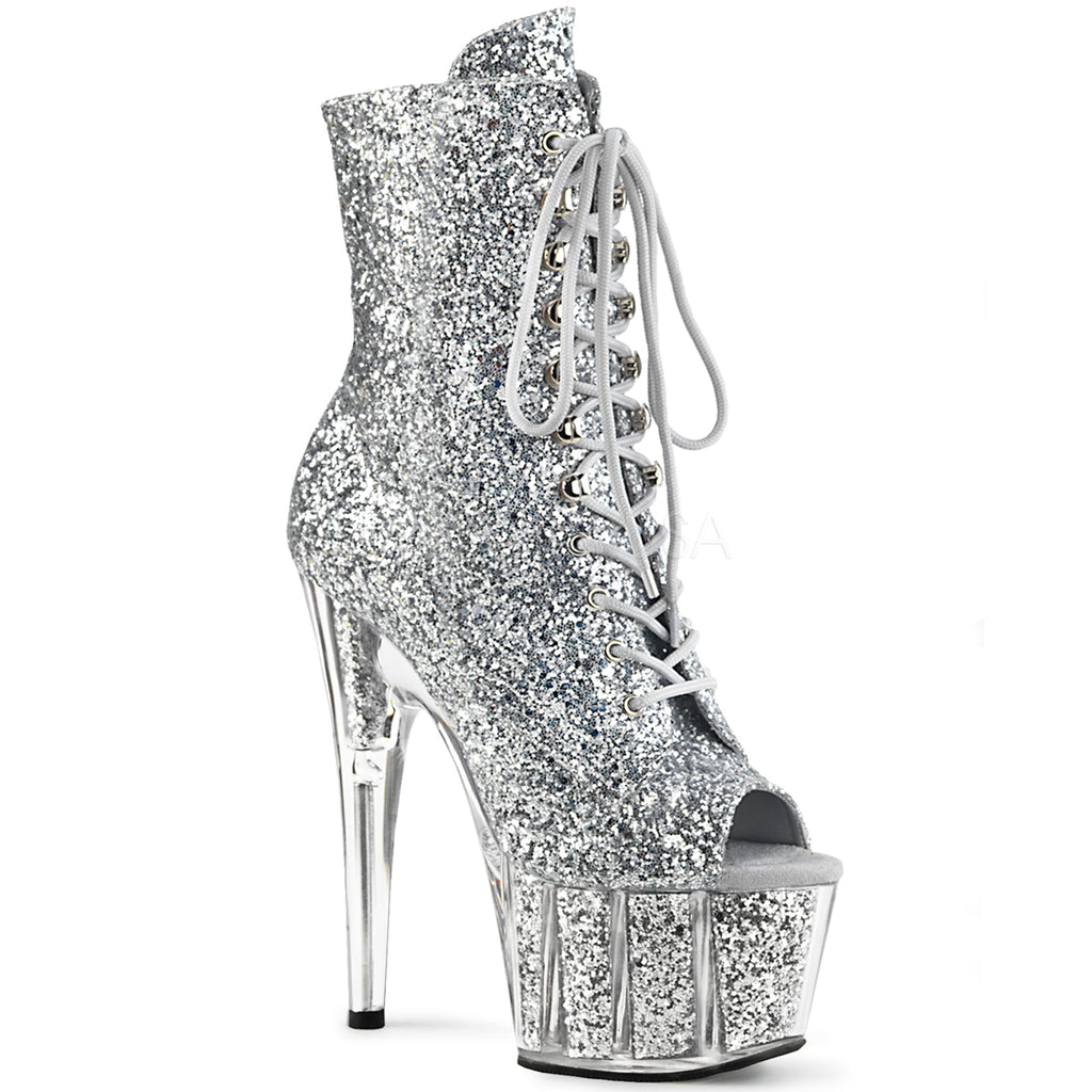 Adore 1021G Silver Glitter Open Toe Lace Up Ankle Boot - 7