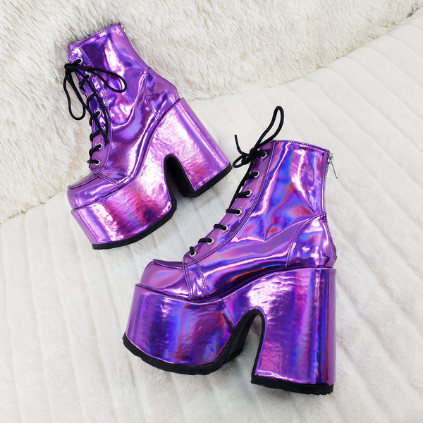 Camel 203 Purple Hologram Lace Up Goth Platform Ankle Boot - Demonia ...