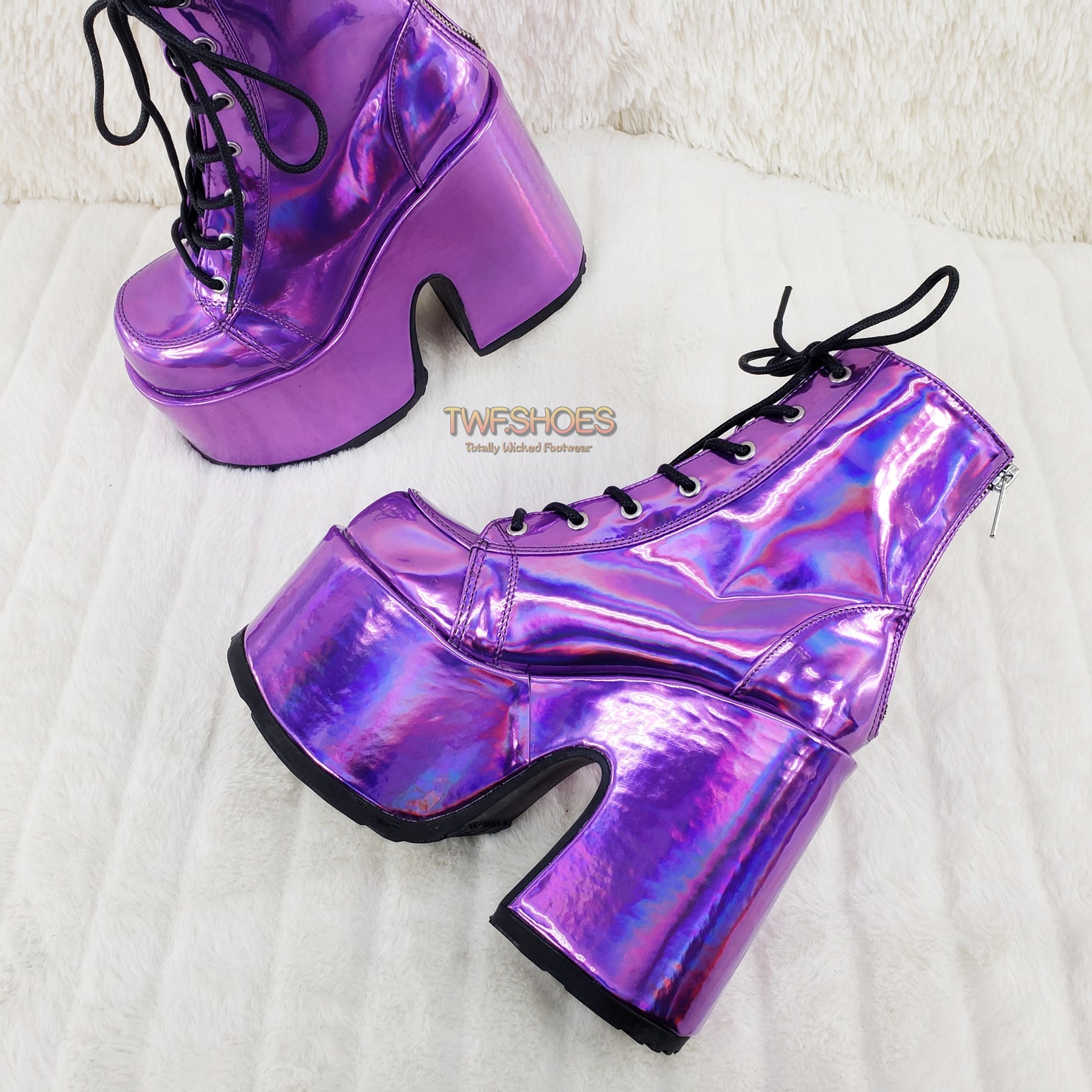 Camel 203 Purple Hologram Lace Up Goth Platform Ankle Boot - Demonia ...