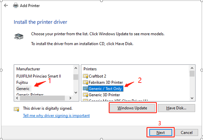 Install universal printer driver from Windows