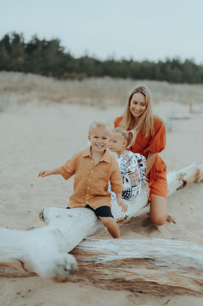 Sustainable family fashion, clothing from organic cotton and breathable linen dresses