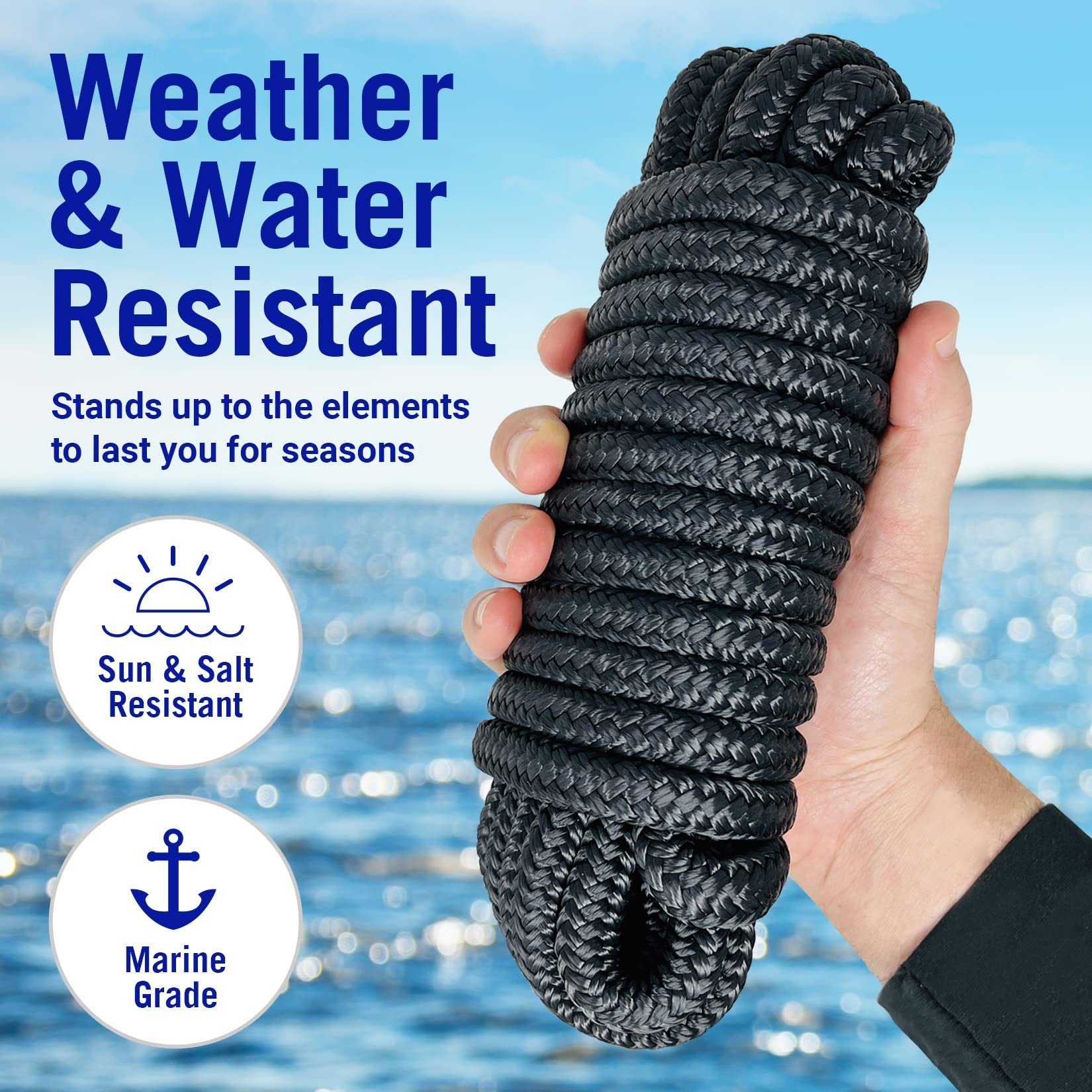 Premium Boat Anchor Rope 100 Ft Double Braided Boat Anchor Line Black Nylon  Marine Rope Braided 3/8 Anchor Rope Reel for Many Anchors & Boats 3/8 Inch