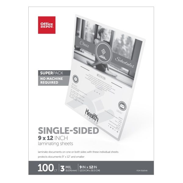 Single-Sided Laminating Sheets, 9" x 12", 3 Mil, Clear, Pack Of 100 Sheets