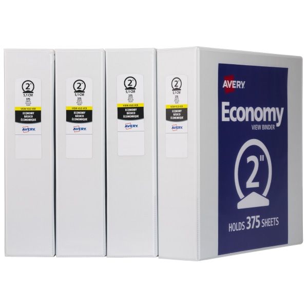 Avery Economy View 3-Ring Binder, 2" Rings, 37% Recycled, White, Pack Of 4