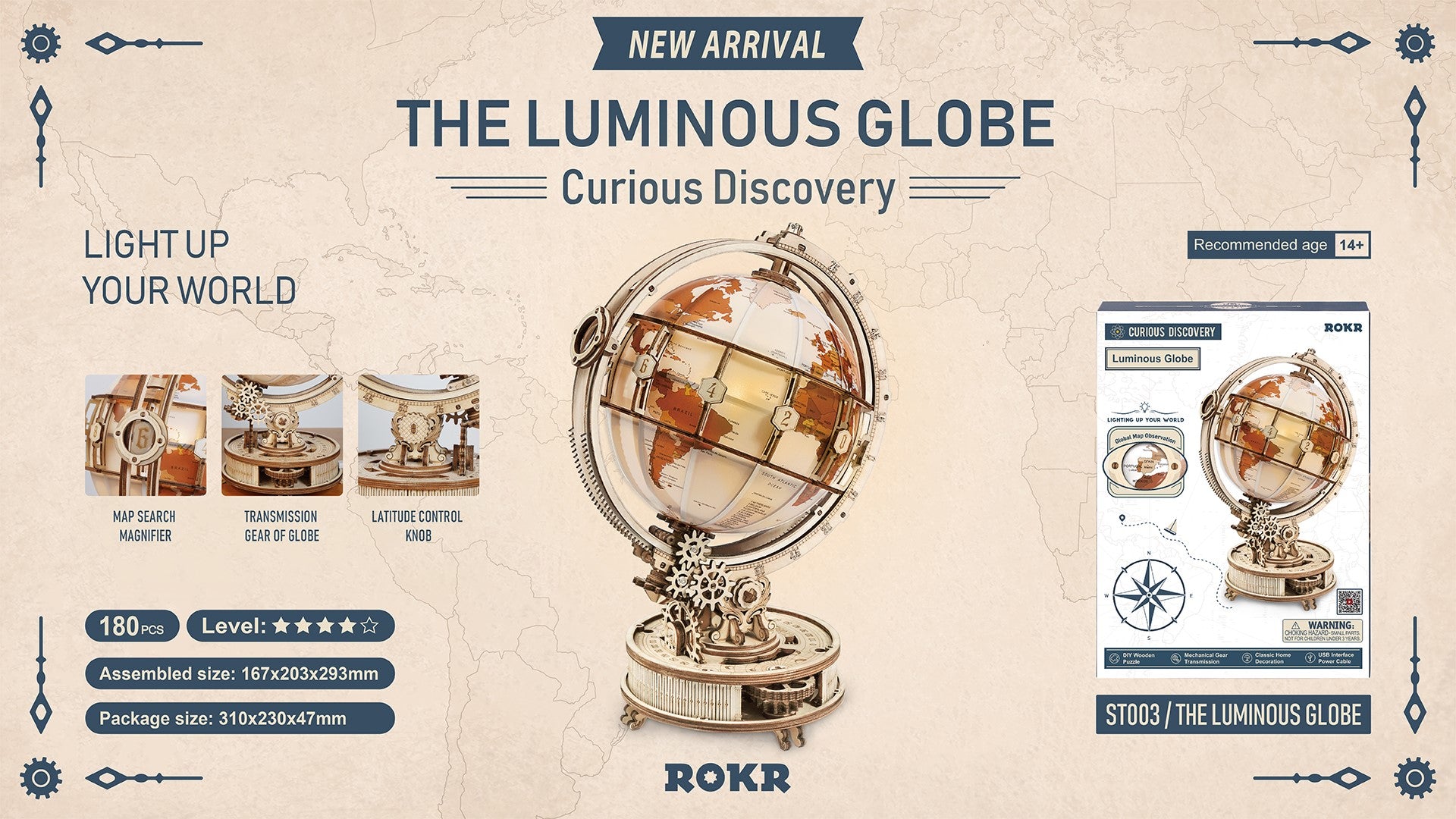 Rokr Luminous Globe wooden model kit