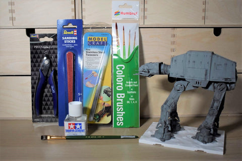Plastic model kit tool set. Humbrol coloro, tamiya liquid cement, revell sprue, model craft tweezers