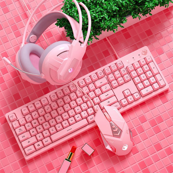 Mechanical Gaming Sets Keyboard Mouse Headset Combos Cute Pink Mechanical Teclado 3200 DPI Optical Mouse Headset for PC Gamer - Ecart