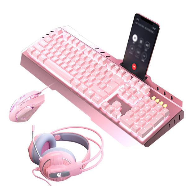 Mechanical Gaming Sets Keyboard Mouse Headset Combos Cute Pink Mechanical Teclado 3200 DPI Optical Mouse Headset for PC Gamer - Ecart