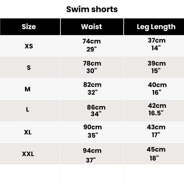 Size guide for our swim shorts.