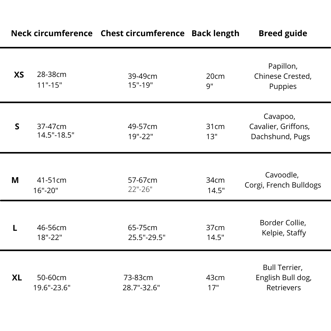 Vibrant Hound Size guide for dog shirts