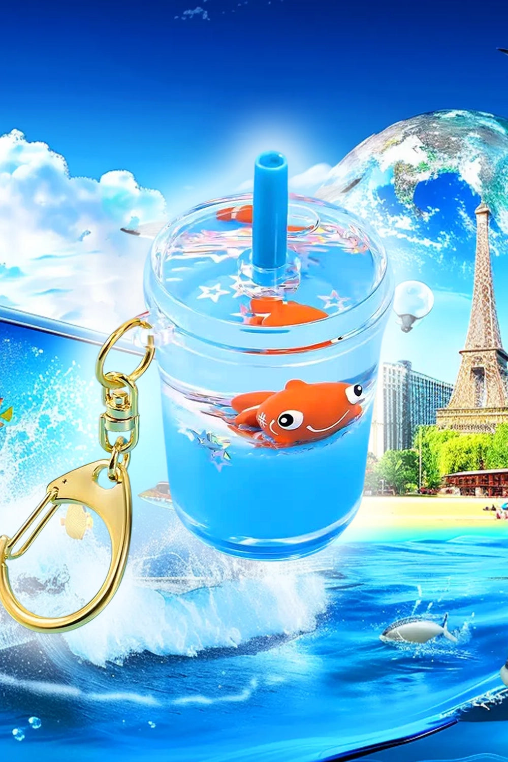 Frutiger Aero Keychain - Floaty Bubble Tea with Liquid and Floating Clownfish