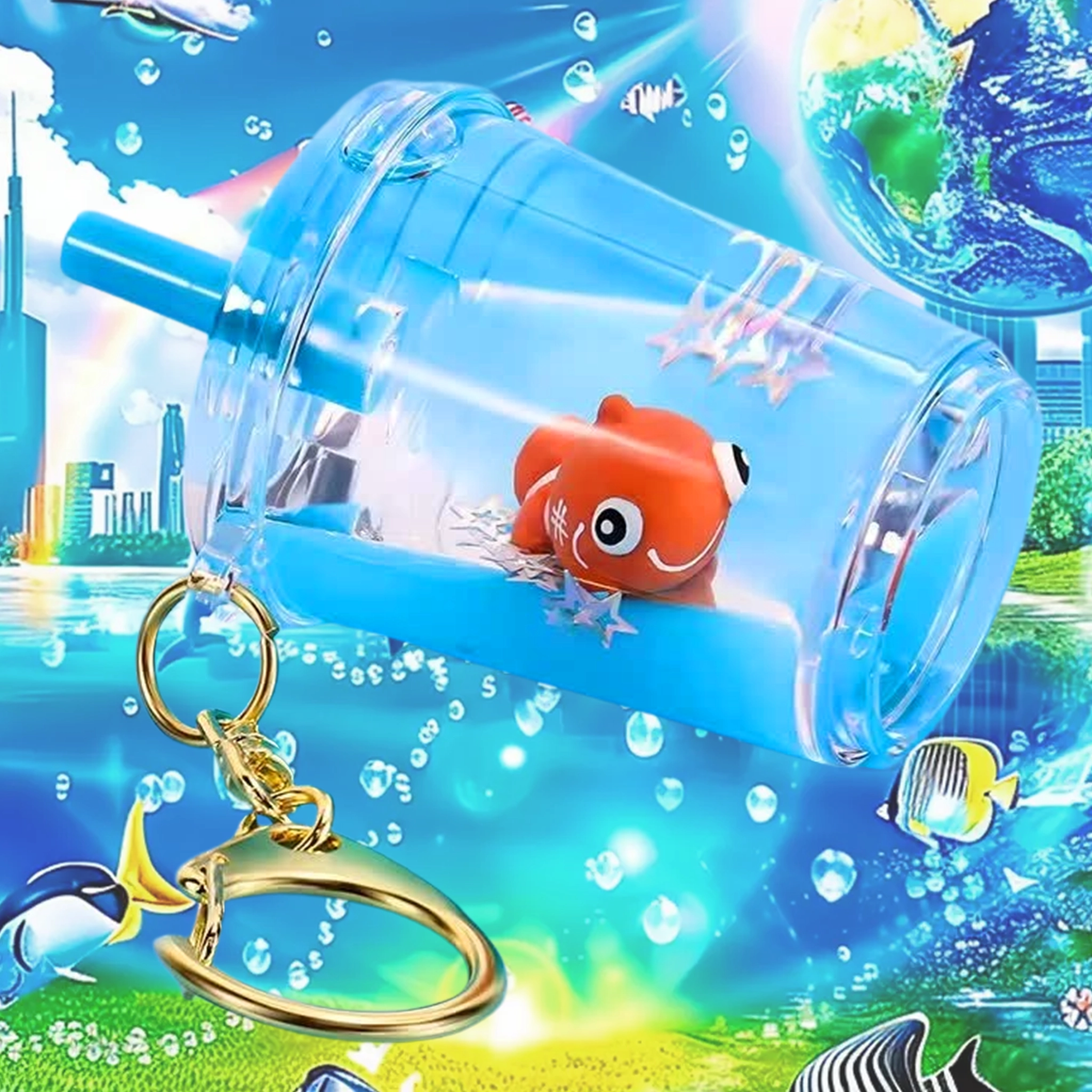Frutiger Aero Keychain - Floaty Bubble Tea with Liquid and Floating Clownfish