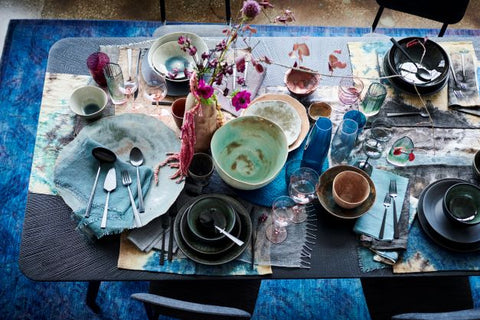 Blue tablescape with ceramics