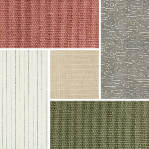 collage of 5 linen fabric swatches in different patterns and colors