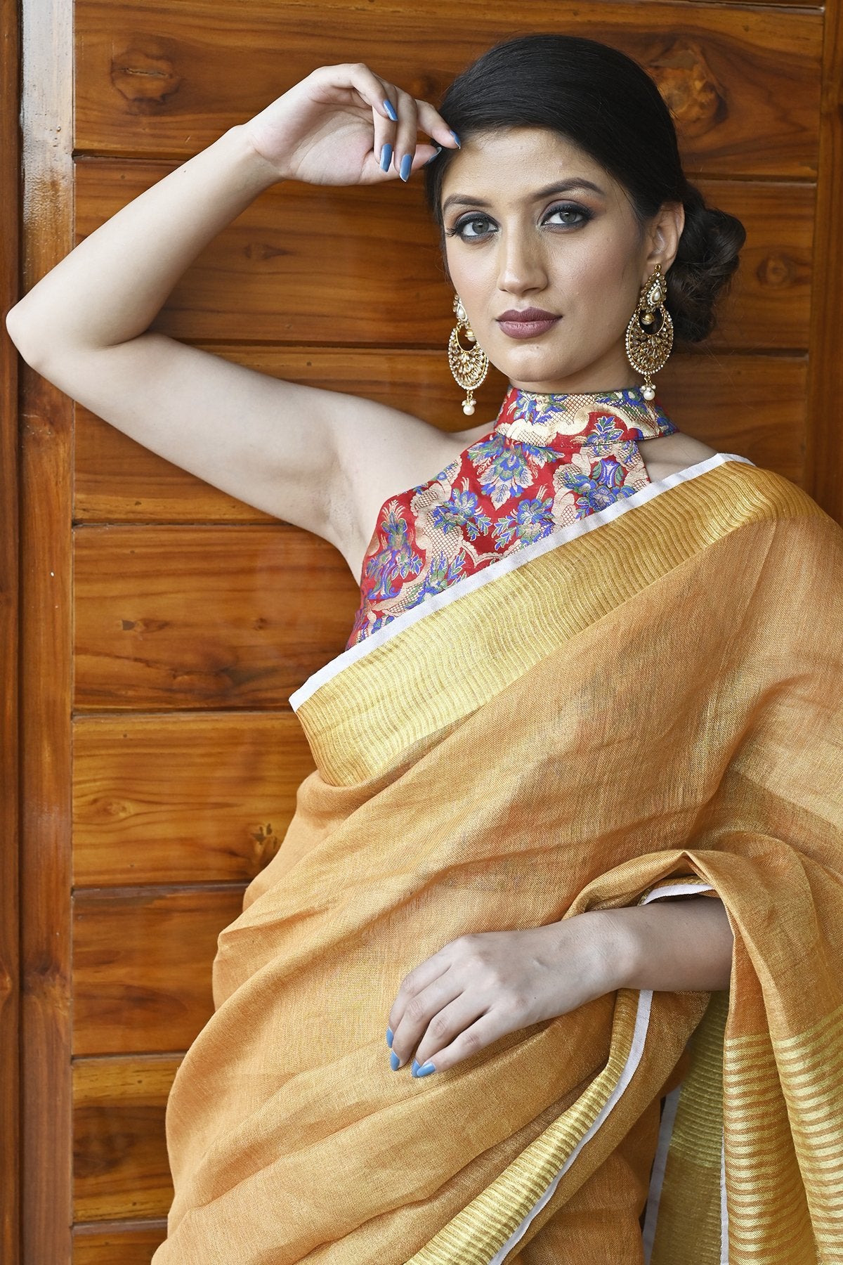 Buy Bharatsthali Orange Color Pure Cotton Saree with all over block print  at Amazon.in