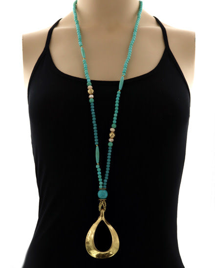 Long Beaded Gold and Turquoise Necklace (6880652001314)