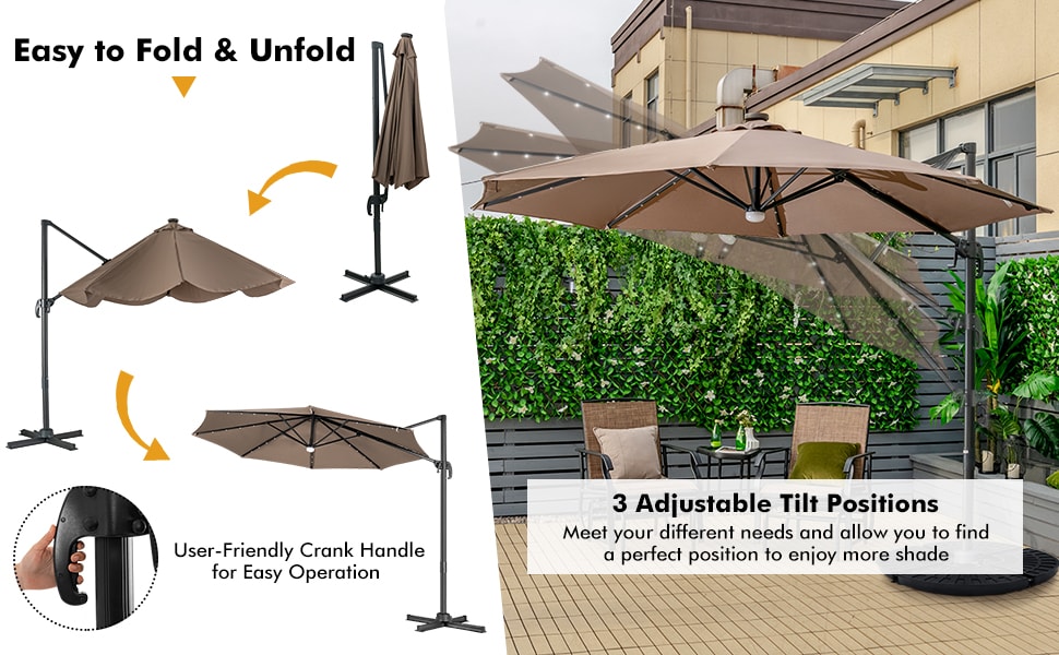 10 FT Patio Cantilever Tilt Umbrella Offset Umbrella with Solar Lights & Crossed Base