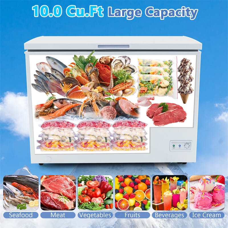 10 cu. ft. Chest Freezer Compact Deep Freezer Freestanding Top Open Door Freezer with 7-Level Adjustable Temperature & Removable Basket