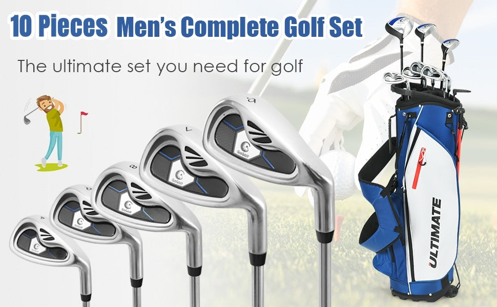 10 Pieces Men's Complete Golf Clubs Set Right Hand Golf Club Package Set Includes Alloy Driver & Stand Bag