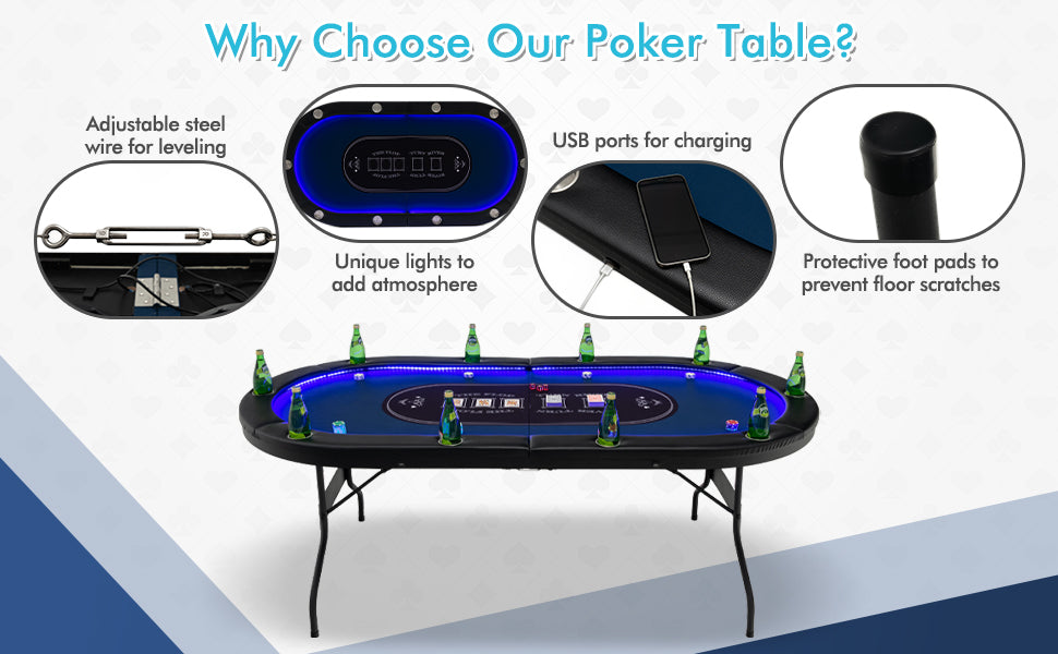 10-Player Poker Table Foldable Casino Leisure Table Card Game Table Texas Holdem Table with Cup Holder & 4 USB Ports