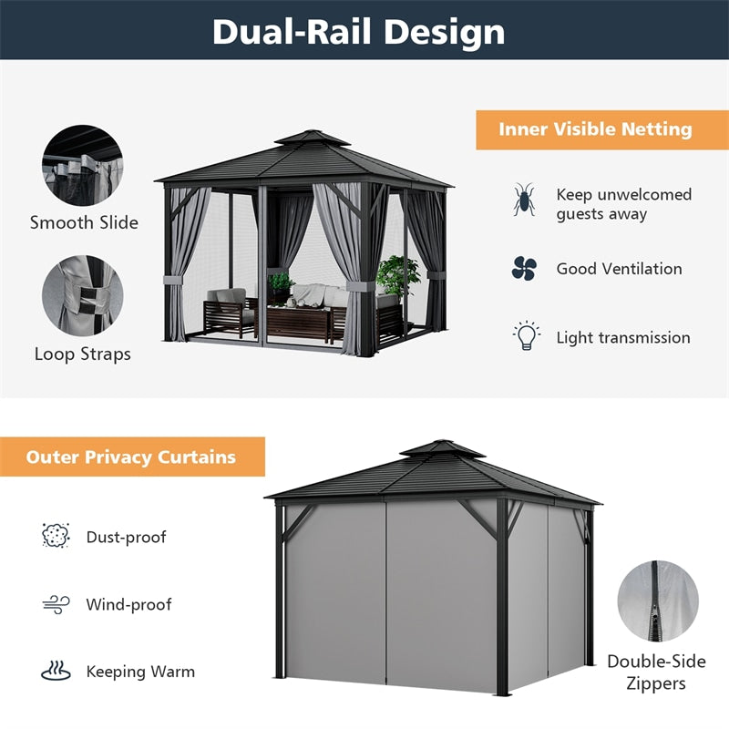 10 x 10FT Double-Top Outdoor Hardtop Gazebo with Galvanized Steel Roof & Netting