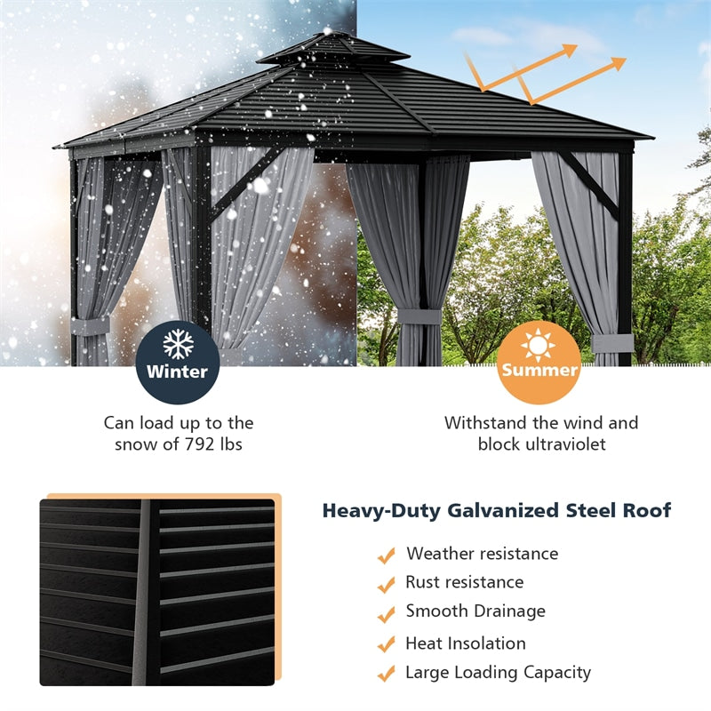 10 x 10FT Double-Top Outdoor Hardtop Gazebo with Galvanized Steel Roof & Netting