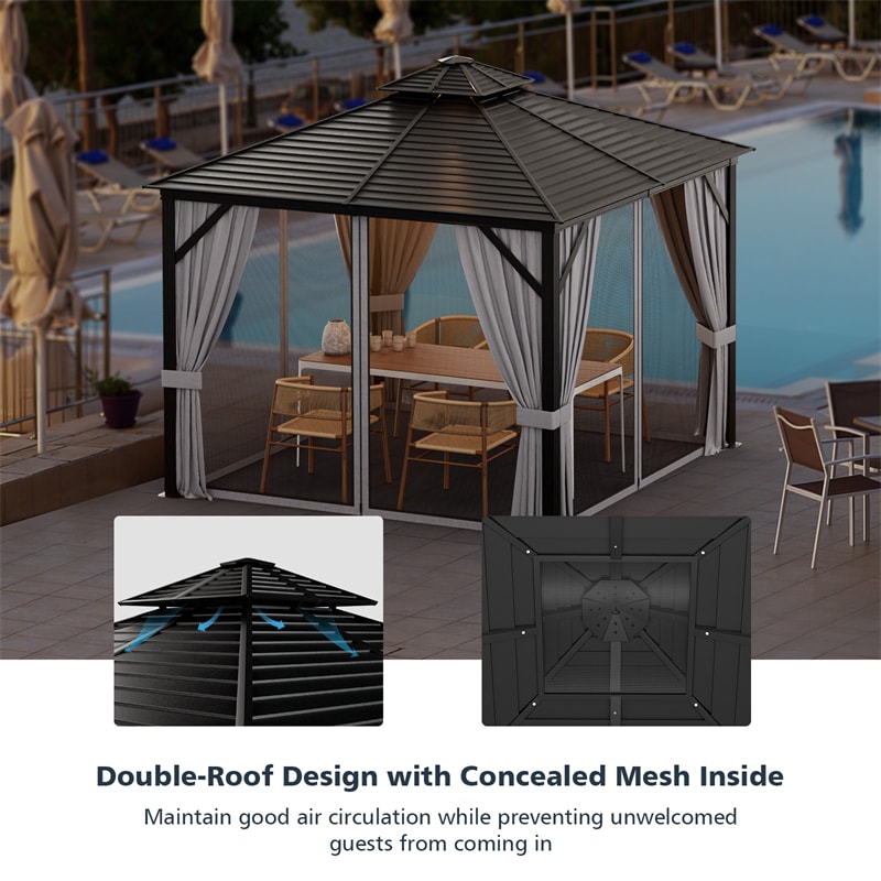 10 x 10FT Double-Top Outdoor Hardtop Gazebo with Galvanized Steel Roof & Netting
