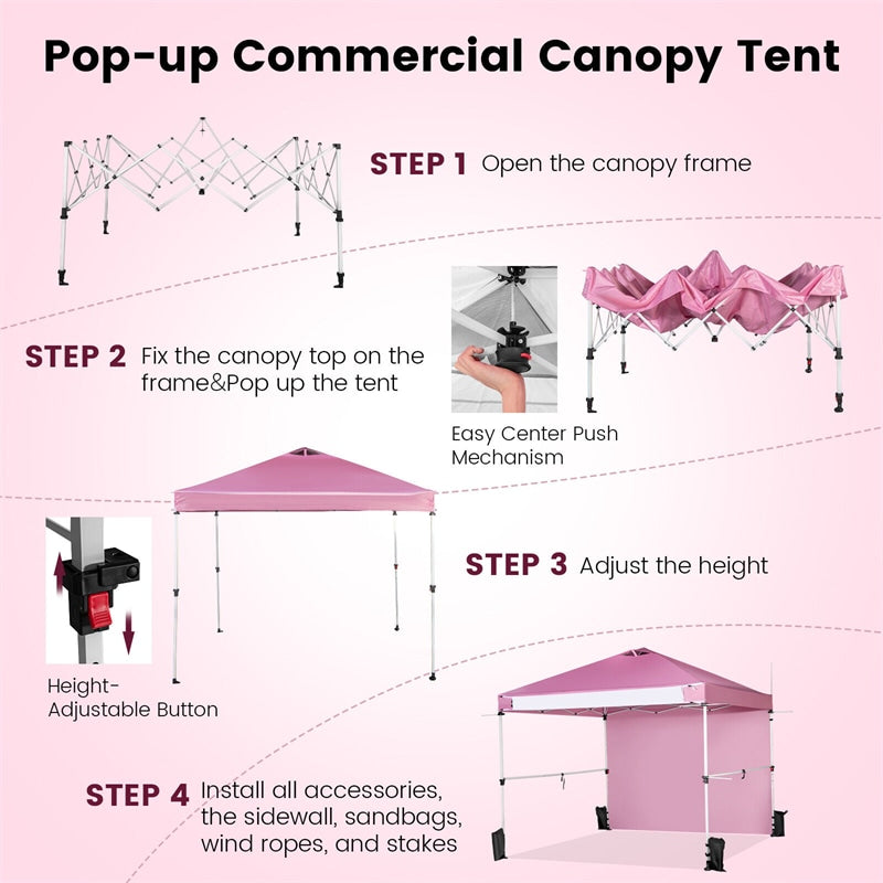 10' x 10' Commercial Pop Up Canopy Tent Instant Market Tent Outdoor Event Tent with Removable Sidewall, 2 Hanging Bars & Banner Strip