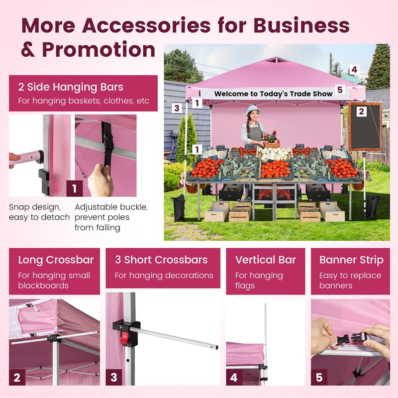 10' x 10' Commercial Pop Up Canopy Tent Instant Market Tent Outdoor Event Tent with Removable Sidewall, 2 Hanging Bars & Banner Strip