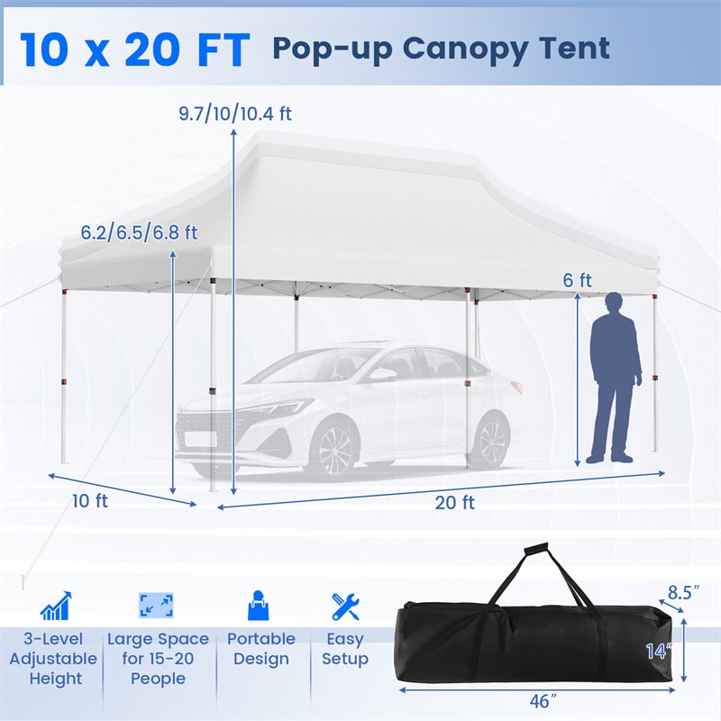 10 x 20 FT Pop Up Canopy Easy Setup Instant Canopy Tent UPF 50+ Portable Outdoor Canopy Party Wedding Tent with Carrying Bag