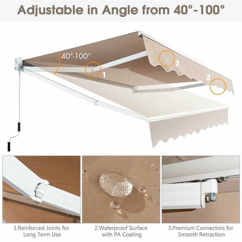 10’ x 8’ Retractable Patio Awning Outdoor Shade with Crank Handle