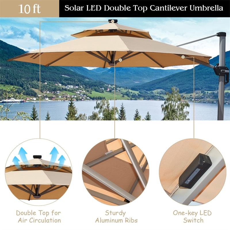 10ft Double Top Solar LED Cantilever Offset Hanging Patio Umbrella without Weight Base