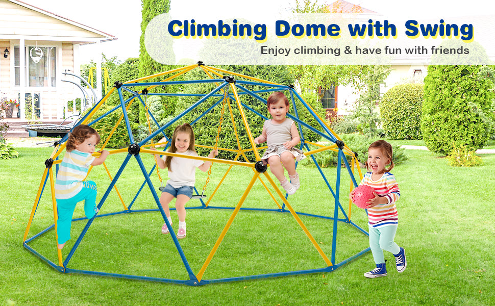 10 FT Climbing Dome with Swing, Geometric Dome Climber Playground Set Outdoor Jungle Gym Monkey Bar Climbing Toys for Toddlers