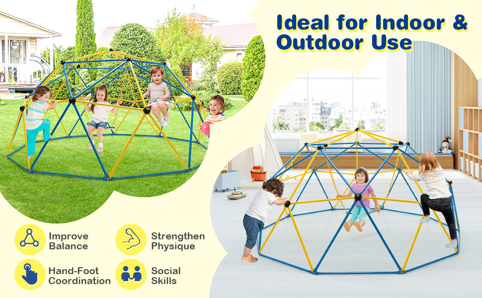 10 FT Climbing Dome with Swing, Geometric Dome Climber Playground Set Outdoor Jungle Gym Monkey Bar Climbing Toys for Toddlers