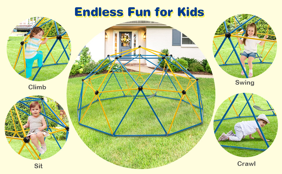 10 FT Climbing Dome with Swing, Geometric Dome Climber Playground Set Outdoor Jungle Gym Monkey Bar Climbing Toys for Toddlers