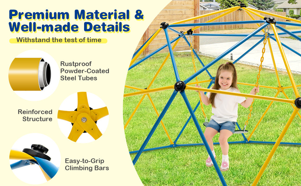 10 FT Climbing Dome with Swing, Geometric Dome Climber Playground Set Outdoor Jungle Gym Monkey Bar Climbing Toys for Toddlers