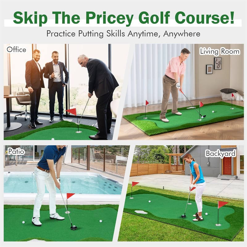 10 x 5FT Golf Putting Green Large Professional Golf Training Mat Indoor Outdoor Golf Putting Practice Mat with Artificial Grass Turf 3 Golf Holes