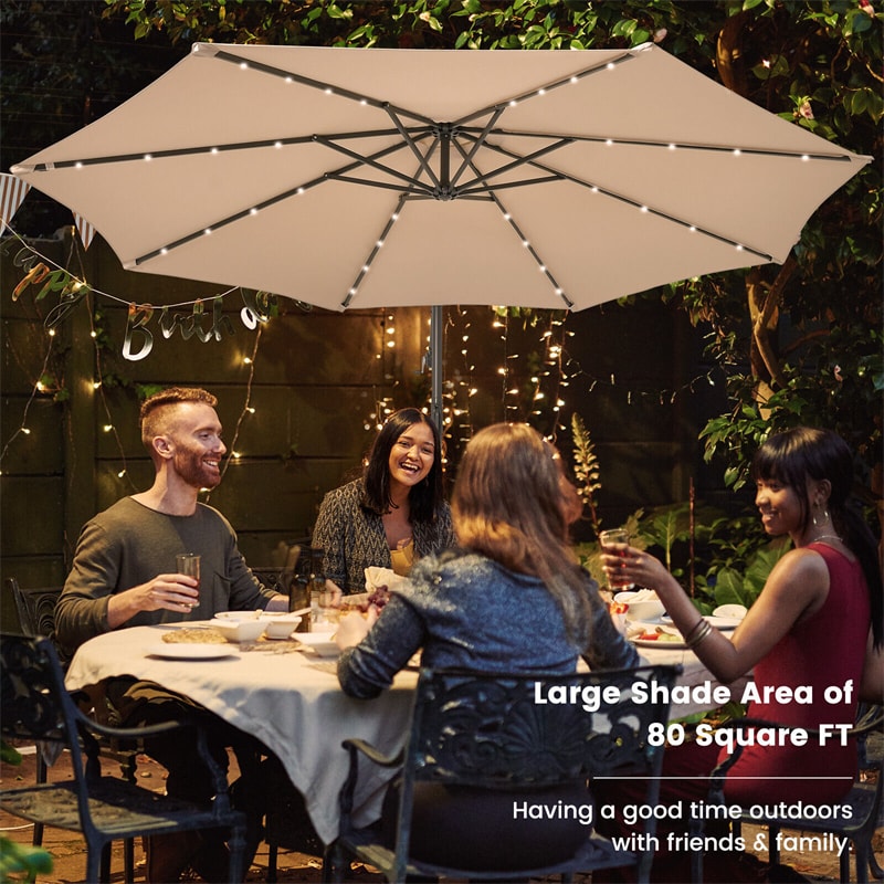 10FT Outdoor Hanging Offset Umbrella Patio Cantilever Umbrella with 32 LED Lights, Solar Panel Battery & Sand Bag
