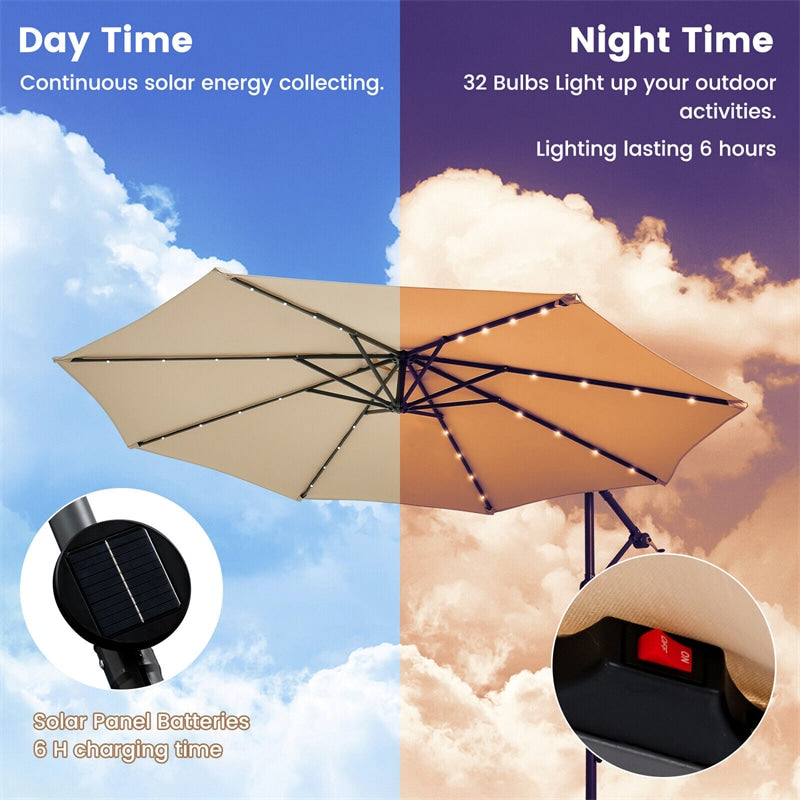 10FT Outdoor Hanging Offset Umbrella Patio Cantilever Umbrella with 32 LED Lights, Solar Panel Battery & Sand Bag