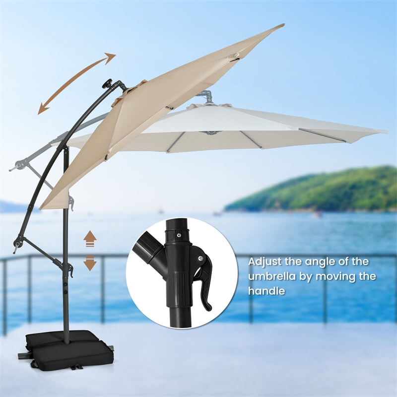 10FT Outdoor Hanging Offset Umbrella Patio Cantilever Umbrella with 32 LED Lights, Solar Panel Battery & Sand Bag