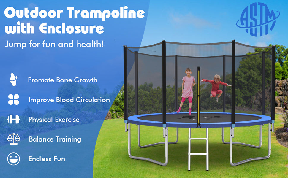 10 FT Outdoor Recreational Trampoline All-weather Backyard Trampoline Bounce Safety Enclosure Net Combo with Ladder for Kids Adults